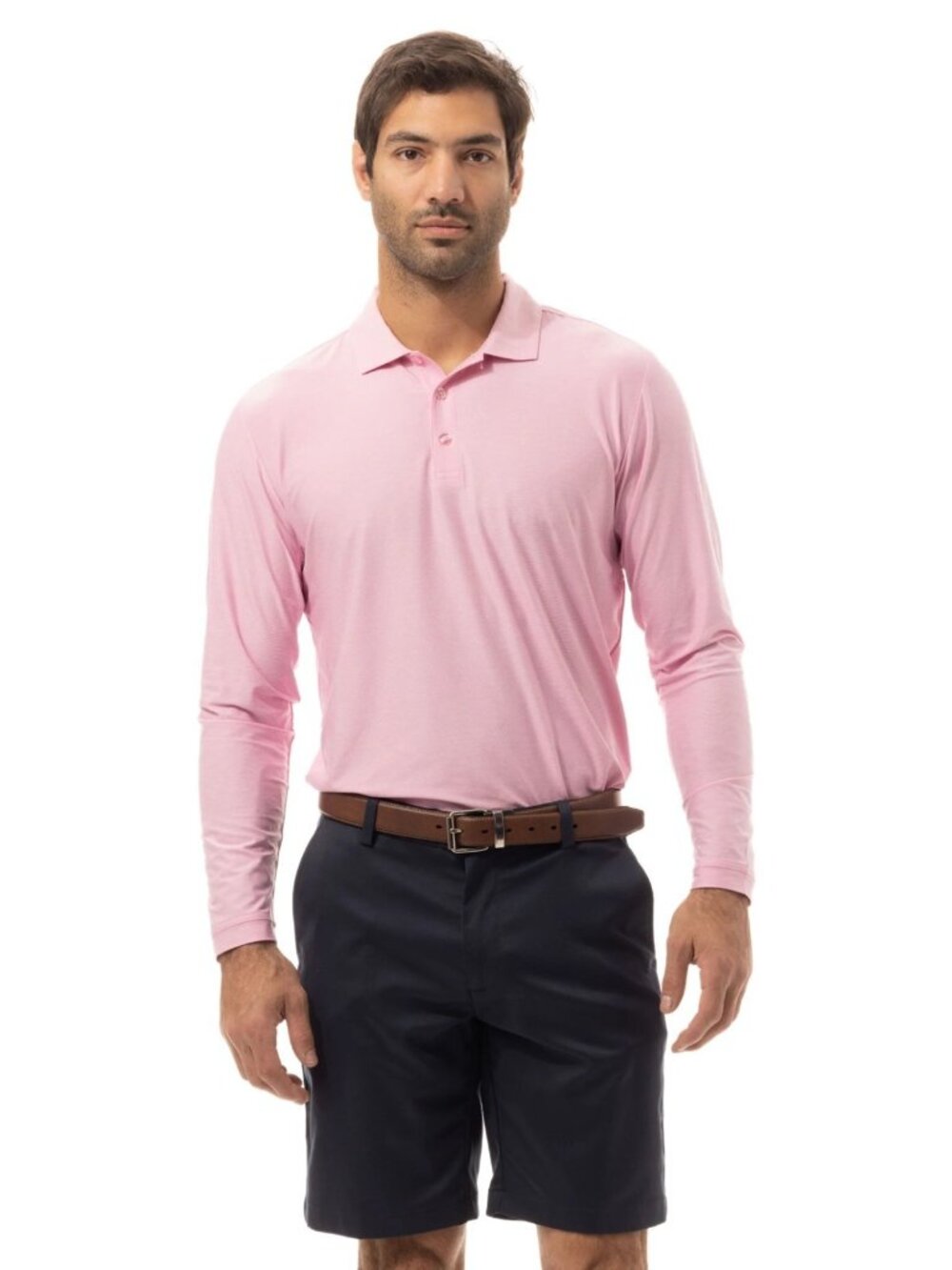 NEW SanSoleil Mens XL Soltek Ice Heather Long Sleeve Polo Shirt Pink Cooling